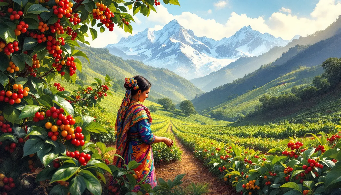 A scenic view of coffee plantations in the Andes mountains of Peru.