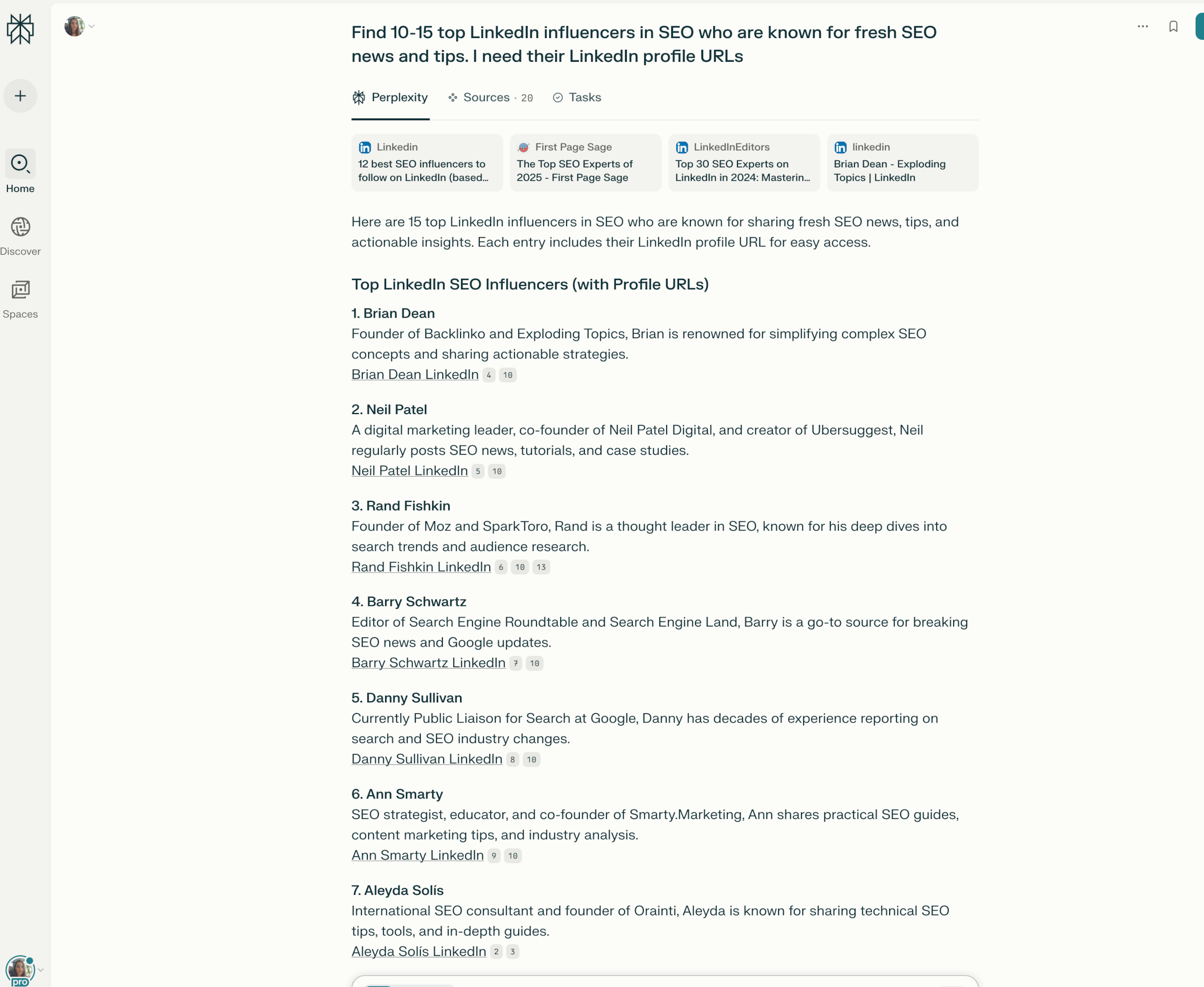 Perplexity search results for LinkedIn influencers