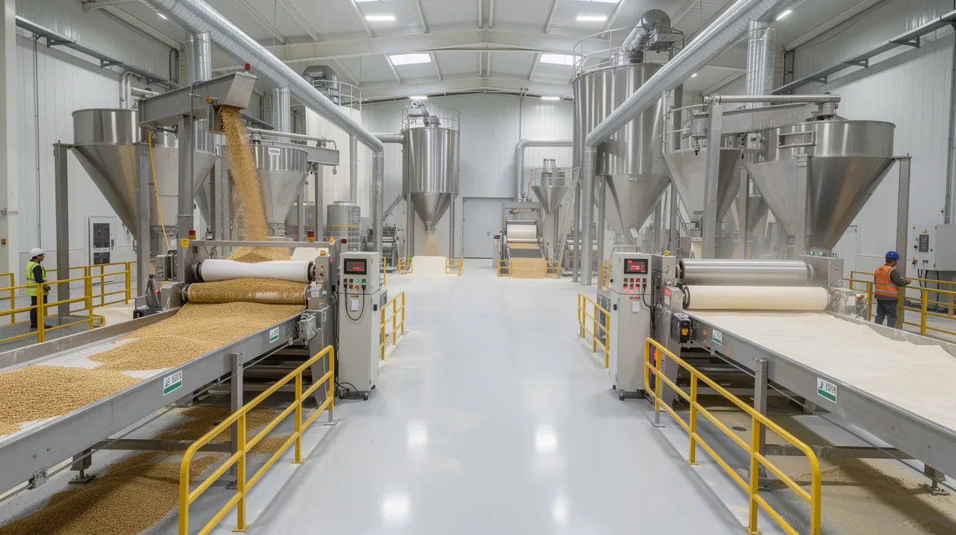 083cb41d 0799 497f a2e5 f8072fb1b244 The image depicts the interior of a modern flour mill, showcasing advanced machinery including conveyor systems and grain handling equipment. This setup highlights the efficient operations of a roller flour mill plant, designed for optimal performance in the wheat processing industry.