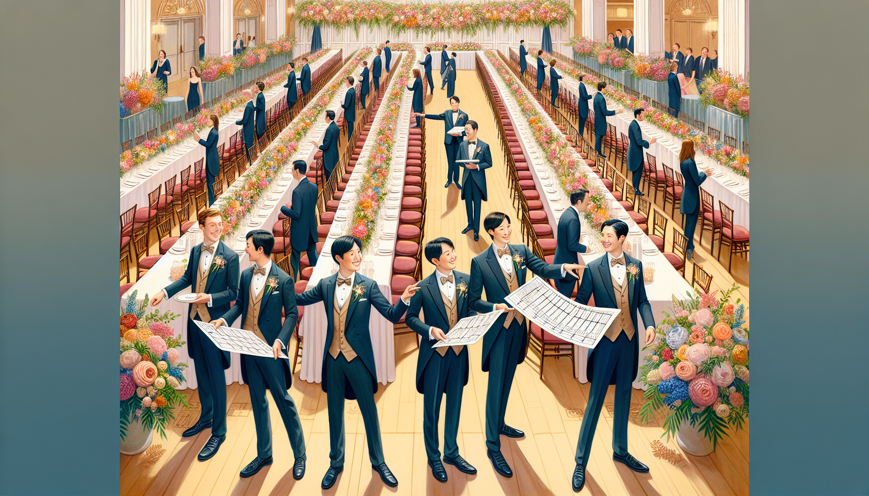 Illustration of ushers managing seating arrangements