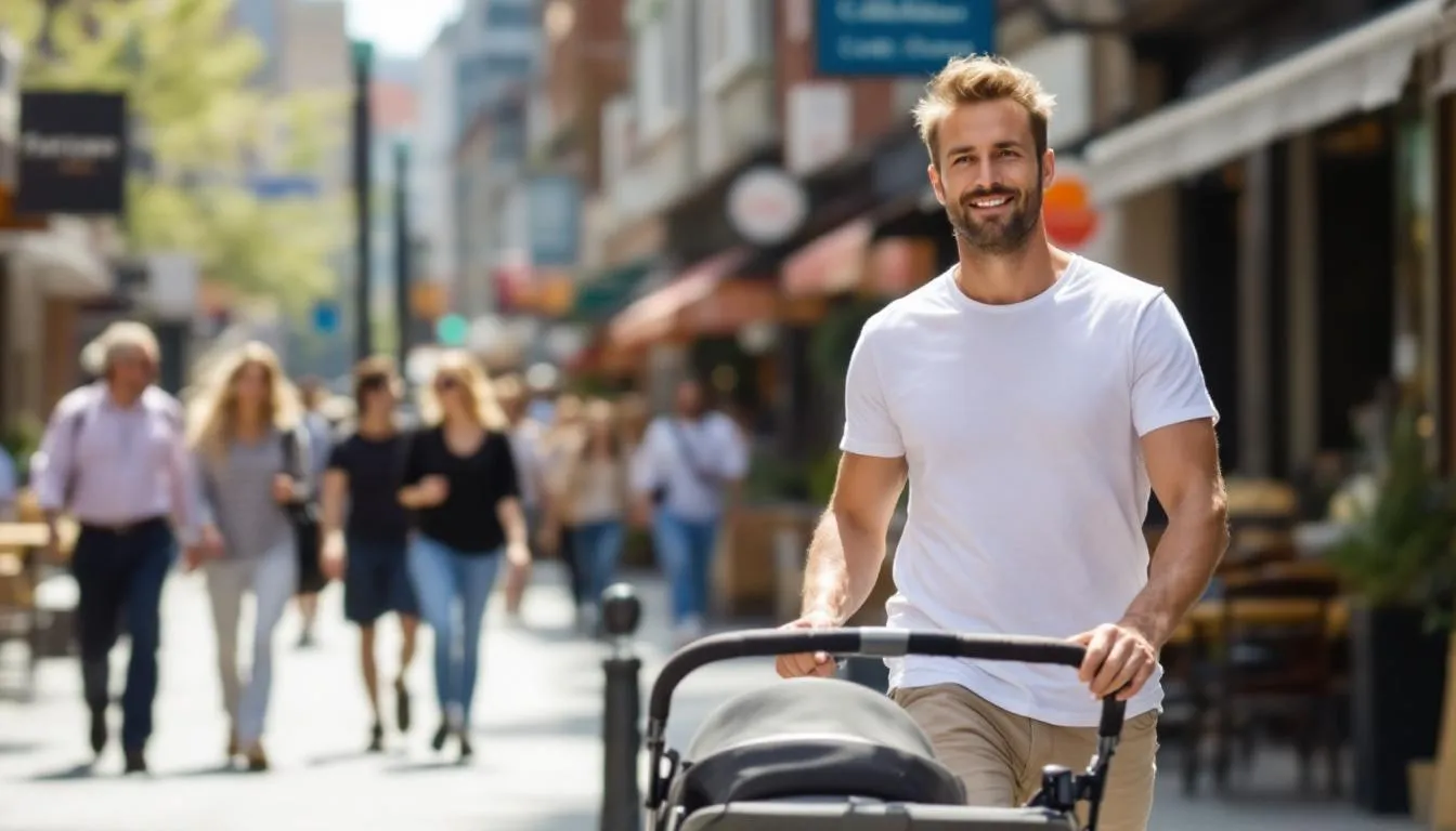 A parent skillfully navigates a lightweight pushchair through a bustling urban street filled with shops and pedestrians, showcasing the compact design and maneuverability of the stroller. The scene highlights the convenience of everyday use, making it an ideal choice for quick errands in the city.