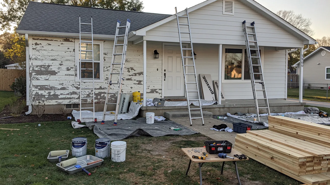 The image shows a house in the midst of renovations, featuring ladders, paint supplies, and various construction materials scattered around. This scene reflects home improvements that may require financial planning, such as a home equity line of credit or a home equity loan, to cover unexpected expenses.
