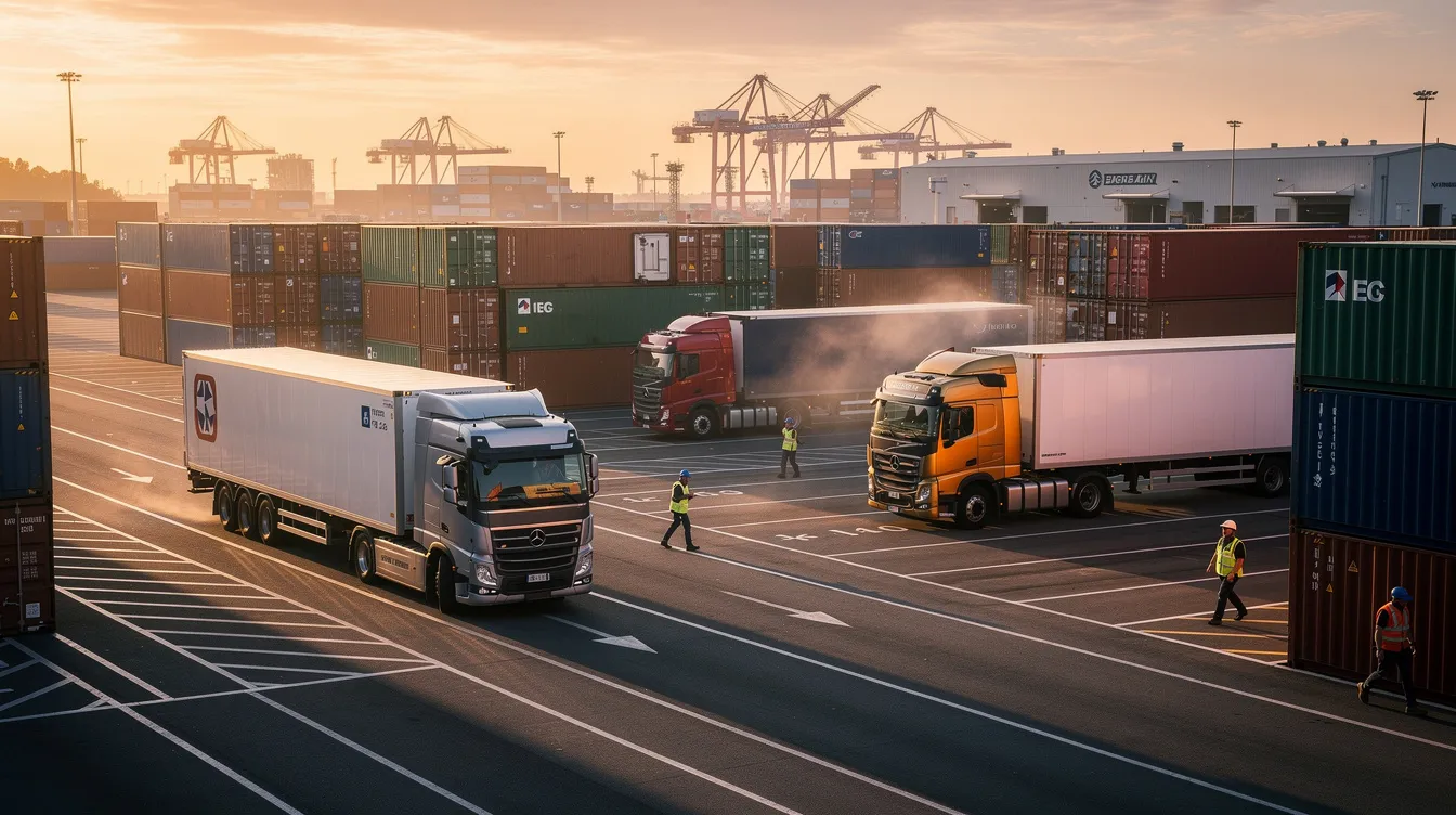 The image depicts modern freight trucks navigating through a busy logistics yard at sunrise, highlighting the importance of just-in-time inventory management in the supply chain. This scene emphasizes efficient logistics processes that help minimize storage costs and meet customer demand through timely deliveries.