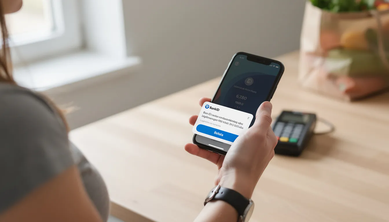 En person sitter med en smartphone och använder den för mobilbetalning med BankID. Skärmen visar en betalningsapplikation, och personen ser koncentrerad ut medan de genomför transaktionen.
