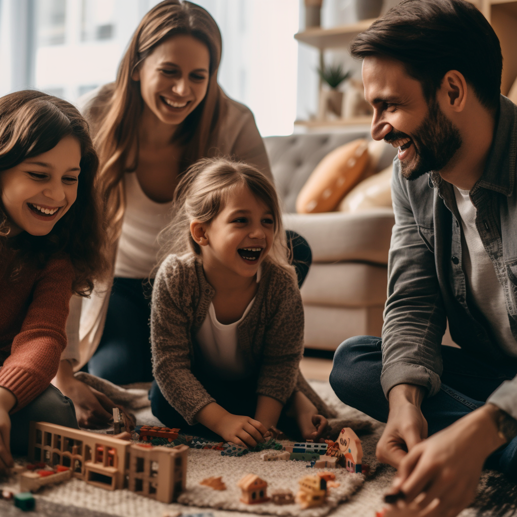 A family joyfully engrossed in building with legos on the floor, capturing their playful bond.