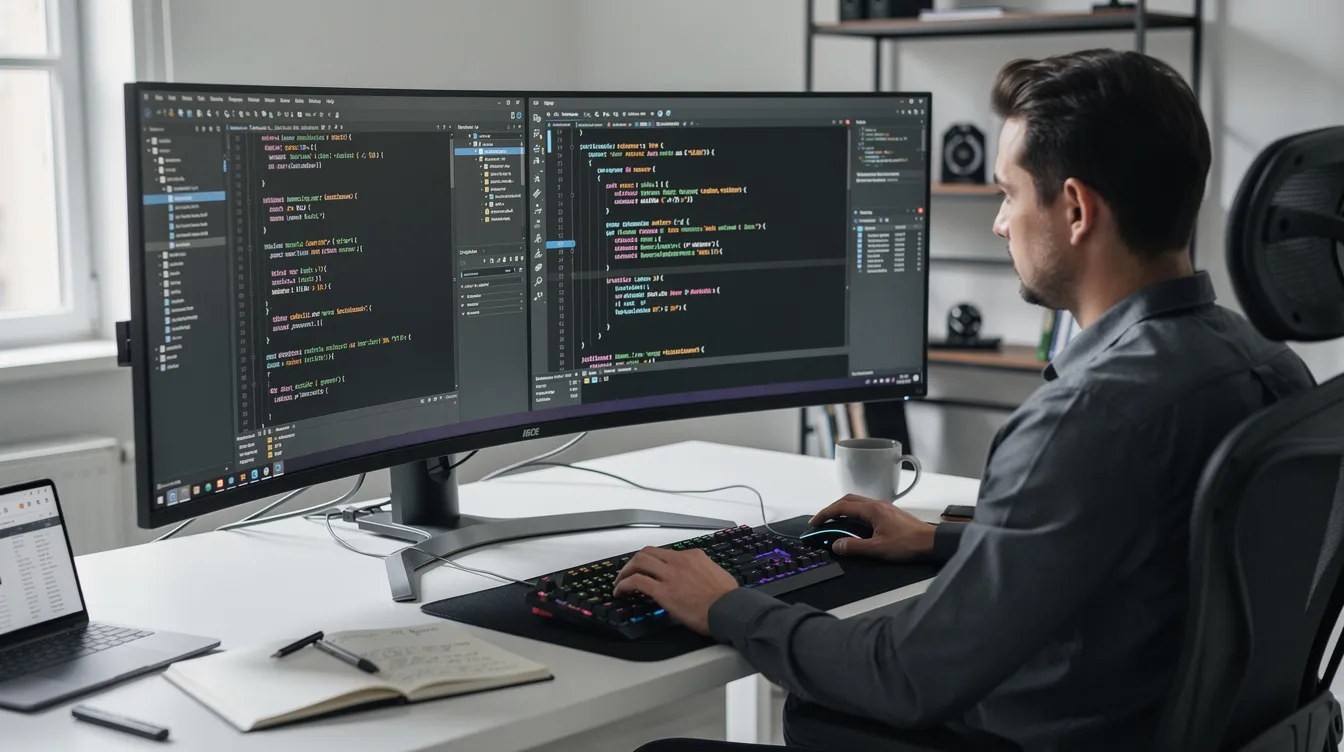 A developer working in a code editor across a widescreen monitor