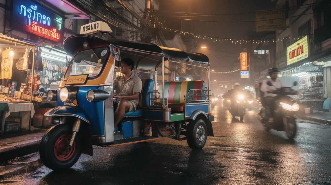 A imagem mostra um tuk tuk colorido, típico de Bangkok, circulando pelas movimentadas ruas da cidade. Ao fundo, é possível ouvir o som da vida urbana e sentir a energia do povo tailandês, enquanto turistas exploram os templos e mercados locais.