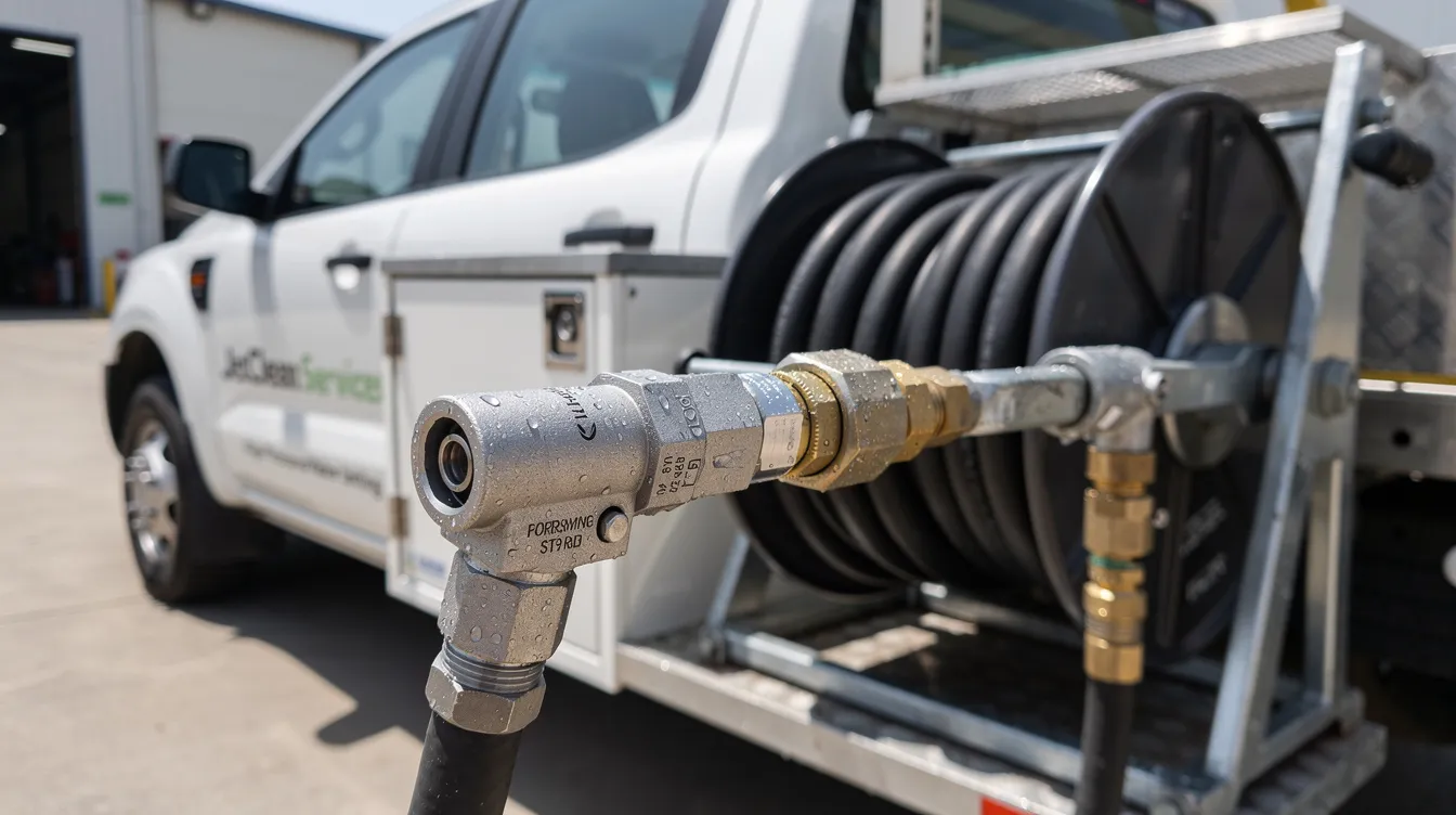 The image shows a high-pressure water jetting nozzle connected to a professional service hose on a work truck, ready for use in emergency plumbing services such as drain cleaning and rooter plumbing. This specialized equipment is essential for addressing plumbing emergencies like clogged drains and sewage backups efficiently.