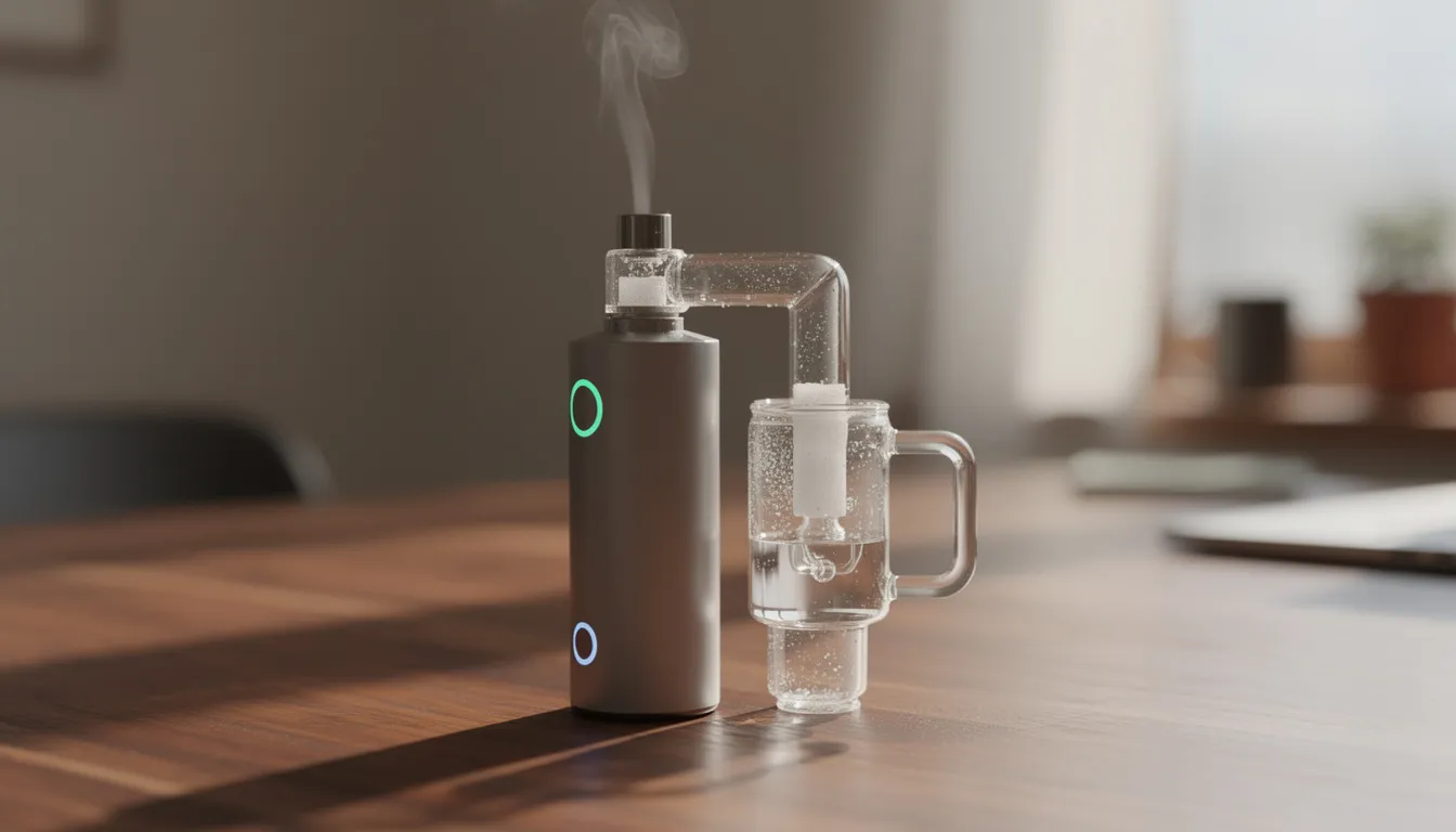 Ein Desktop Vaporizer, der in Gebrauch ist, steht auf einem hölzernen Tisch. Die Glasbestandteile sind sichtbar, während der Benutzer durch einen Schlauch Dampf zieht, was die Funktionen des Arizer XQ2 und seine Benutzerfreundlichkeit demonstriert.