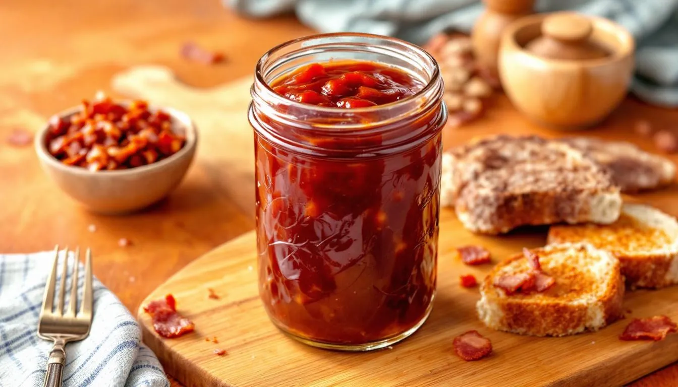 A jar of Bacon Bourbon Jam, a unique and delicious homemade food gift.