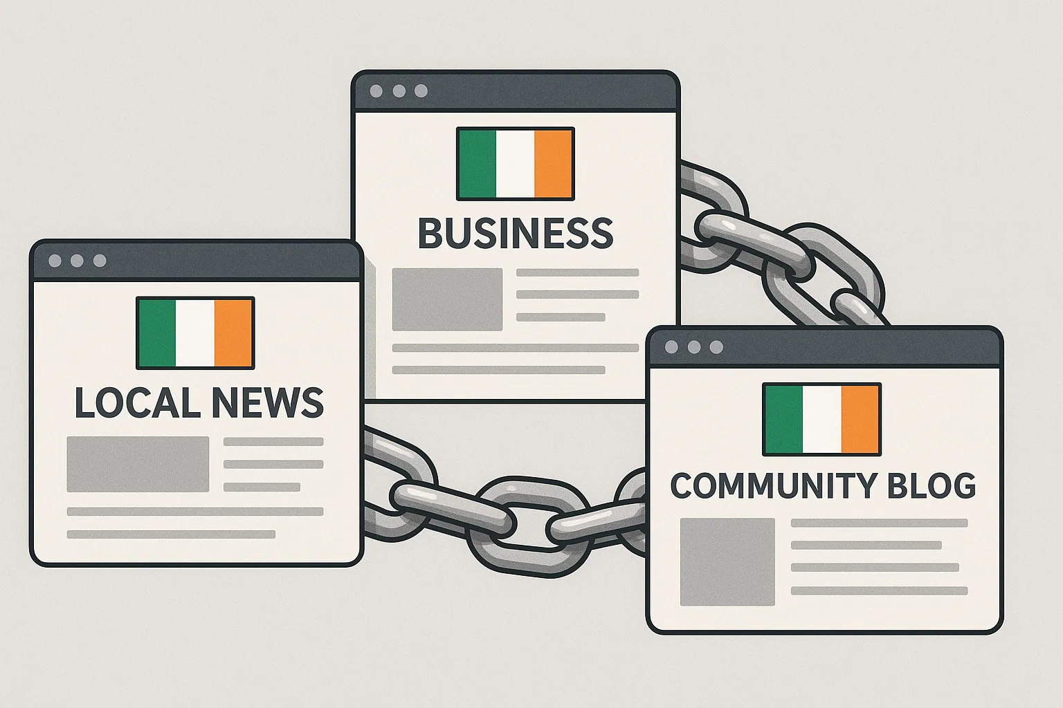 Visual metaphor of local backlinks between Irish websites and community resources.