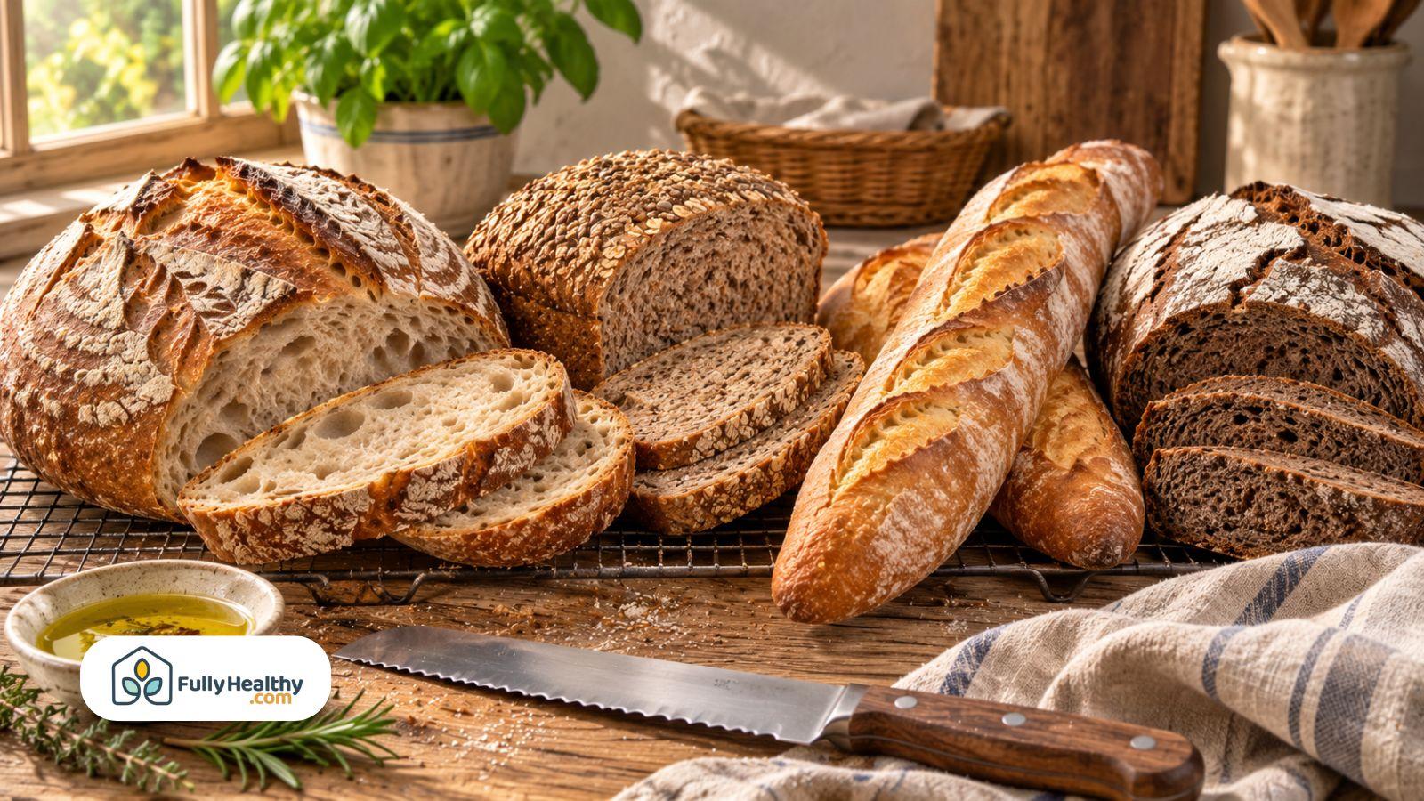 Fresh sourdough whole wheat rye bread and baguettes displayed on rustic kitchen table