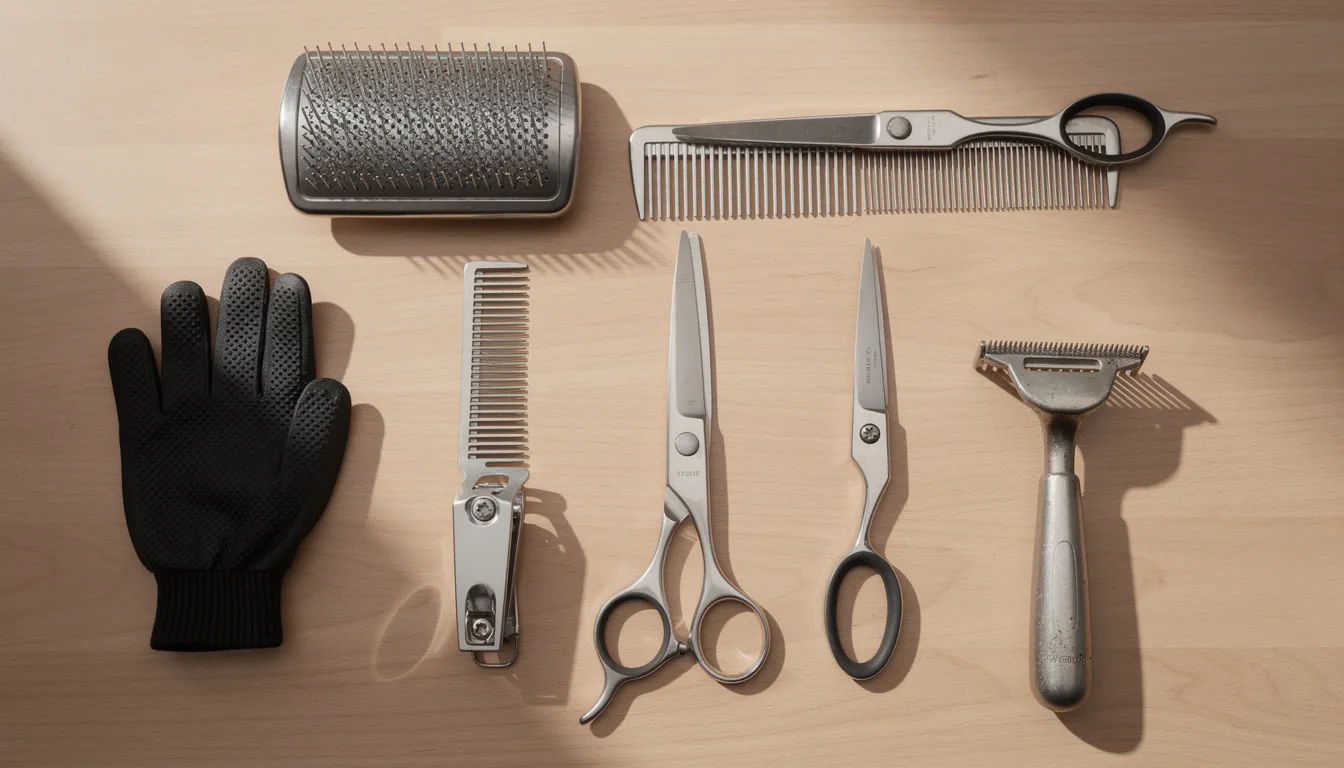 Na stole rozłożone są różne narzędzia do trymowania psa, które są niezbędne do pielęgnacji border terriera. Wśród nich znajdują się nożyczki, szczotki oraz trymer, które pomagają w utrzymaniu gęstej sierści tego niewielkiego psa myśliwskiego.