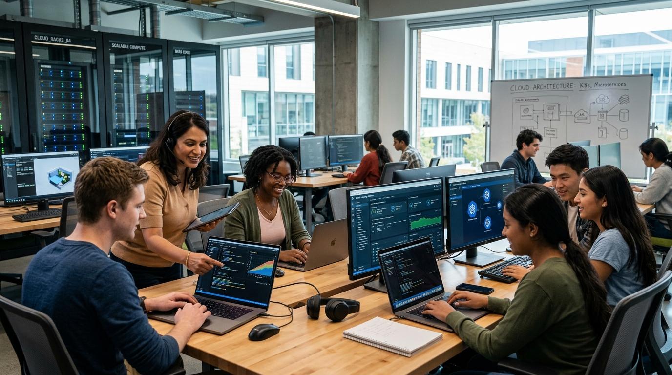 Students and instructors using fast, responsive cloud learning environments with scalable servers and browser-based desktops, futuristic enterprise illustration, no labels or branding.