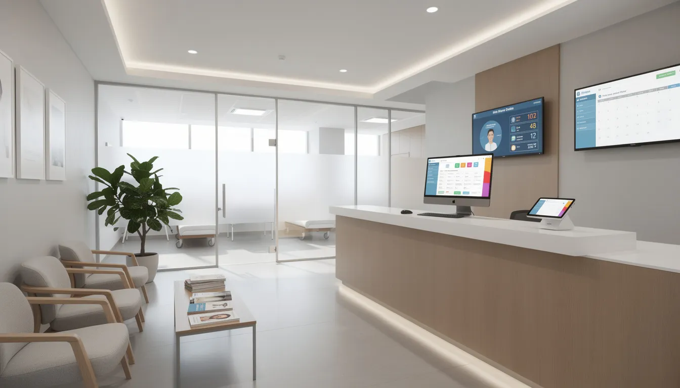 Imagen del interior de una clínica moderna, donde se observa un área de recepción organizada con un sistema digital de gestión que facilita el control de insumos para la salud. En el fondo, se pueden ver carteles informativos sobre medicamentos y regulaciones de la ley general de salud.