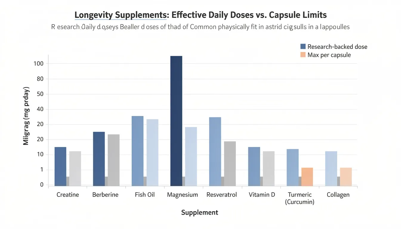 The image features a bar graph that compares the research-backed doses of common longevity supplements, such as omega-3 fatty acids and vitamin D, against the limited amounts that can physically fit in a single capsule. This visual emphasizes the importance of proper dosing for supporting healthy aging and overall health.