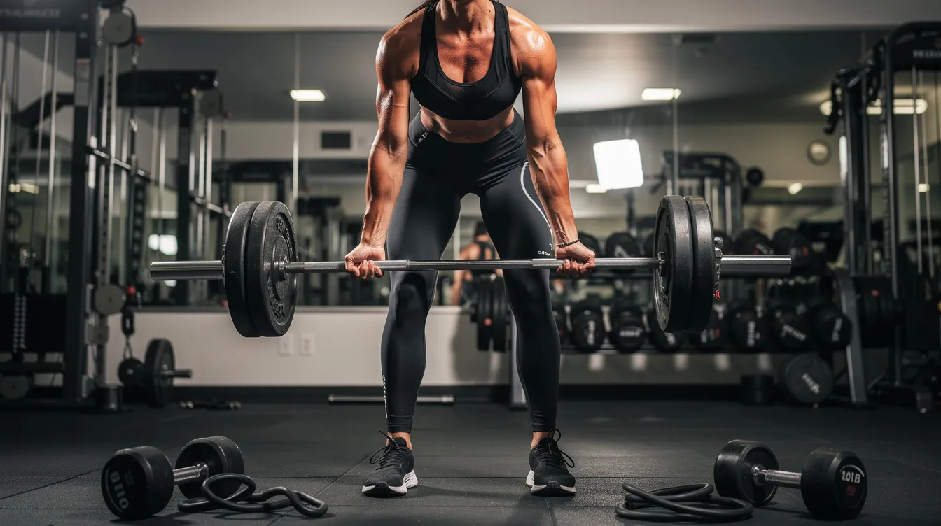 An athletic individual is engaged in resistance training exercises in a gym, focusing on building lean muscle mass and improving body composition. This workout routine can stimulate growth hormone release, contributing to enhanced fat metabolism and faster recovery.