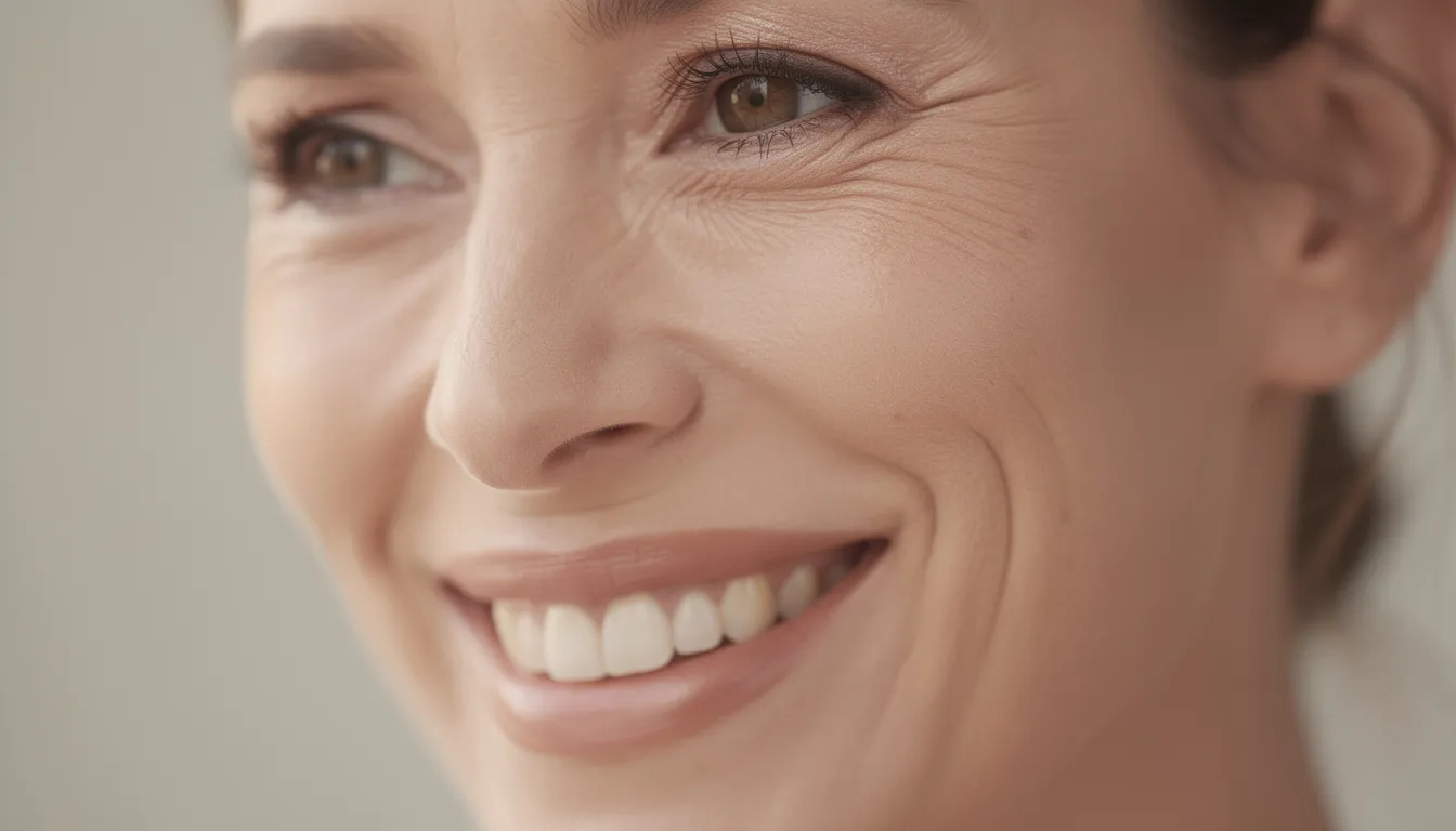Zbliżenie twarzy kobiety z naturalnym uśmiechem, na której widoczne są delikatne linie mimiczne, sugerujące powstawanie zmarszczek mimicznych. Uśmiech podkreśla jej młodzieńczy wygląd, a skóra wydaje się być w dobrej kondycji, co może świadczyć o zastosowaniu zabiegów medycyny estetycznej.