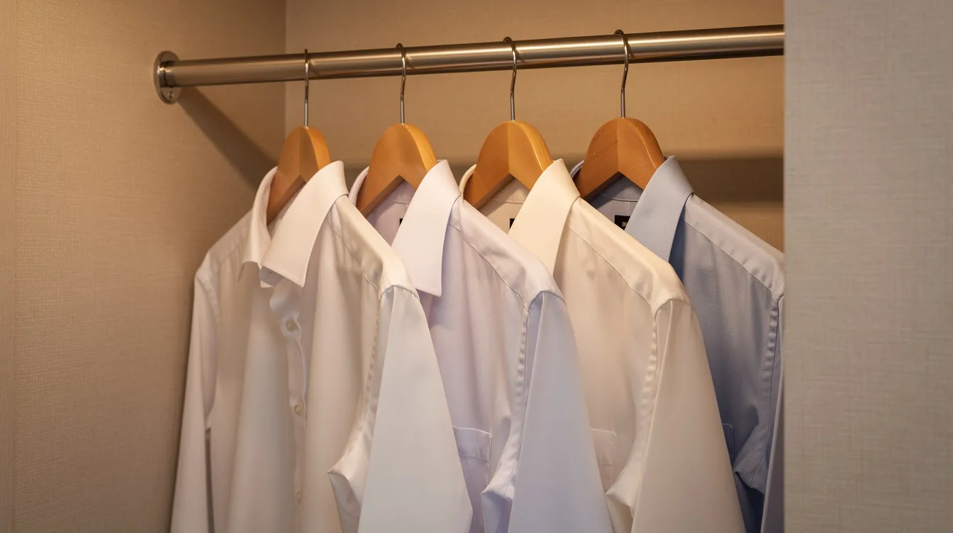 The image shows freshly pressed dress shirts hanging neatly on wooden hangers inside a hotel closet, highlighting the hotel's reliable laundry service that ensures clean clothes for guests. This organized presentation reflects the attention to detail and commitment to guest satisfaction in hotel operations.
