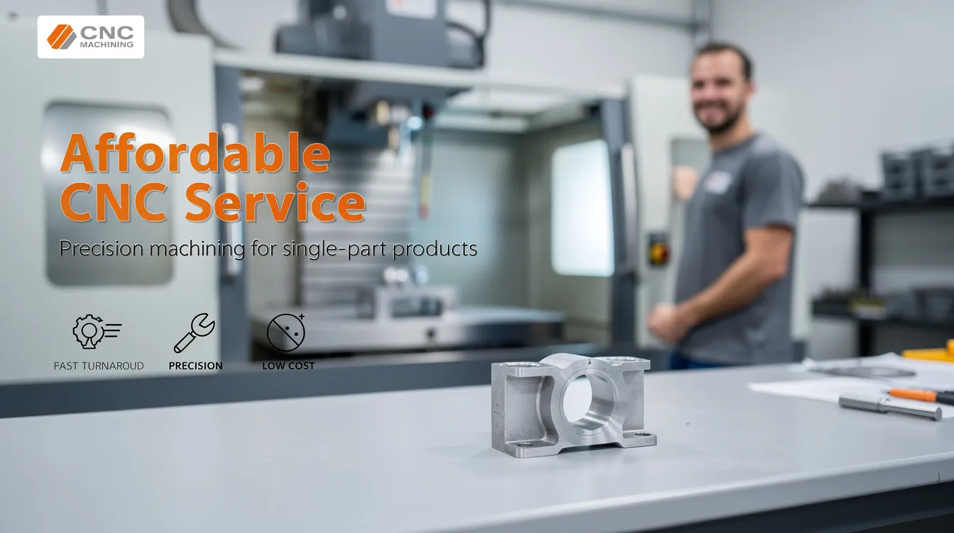 The image showcases an affordable CNC service for single part production, featuring various CNC machined parts made from materials like aluminum alloys and stainless steel. It highlights the precision of the CNC machining process, which includes CNC milling and CNC turning, ideal for creating custom parts with tight tolerances and excellent wear resistance.