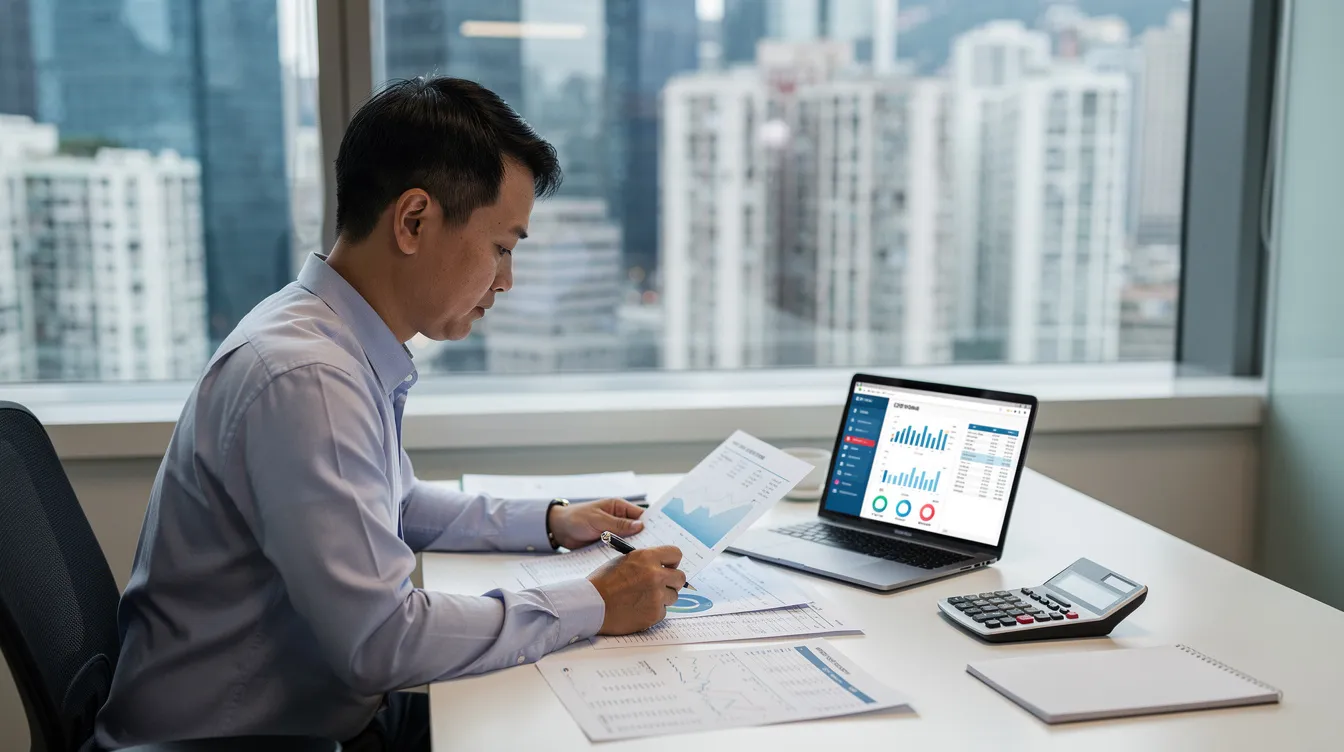 A small business owner in Hong Kong is sitting at an office desk, reviewing financial documents with a laptop and calculator in front of them. This scene highlights the importance of financial management for 中小企 and the various financing options available, such as the 八成信貸擔保產品.