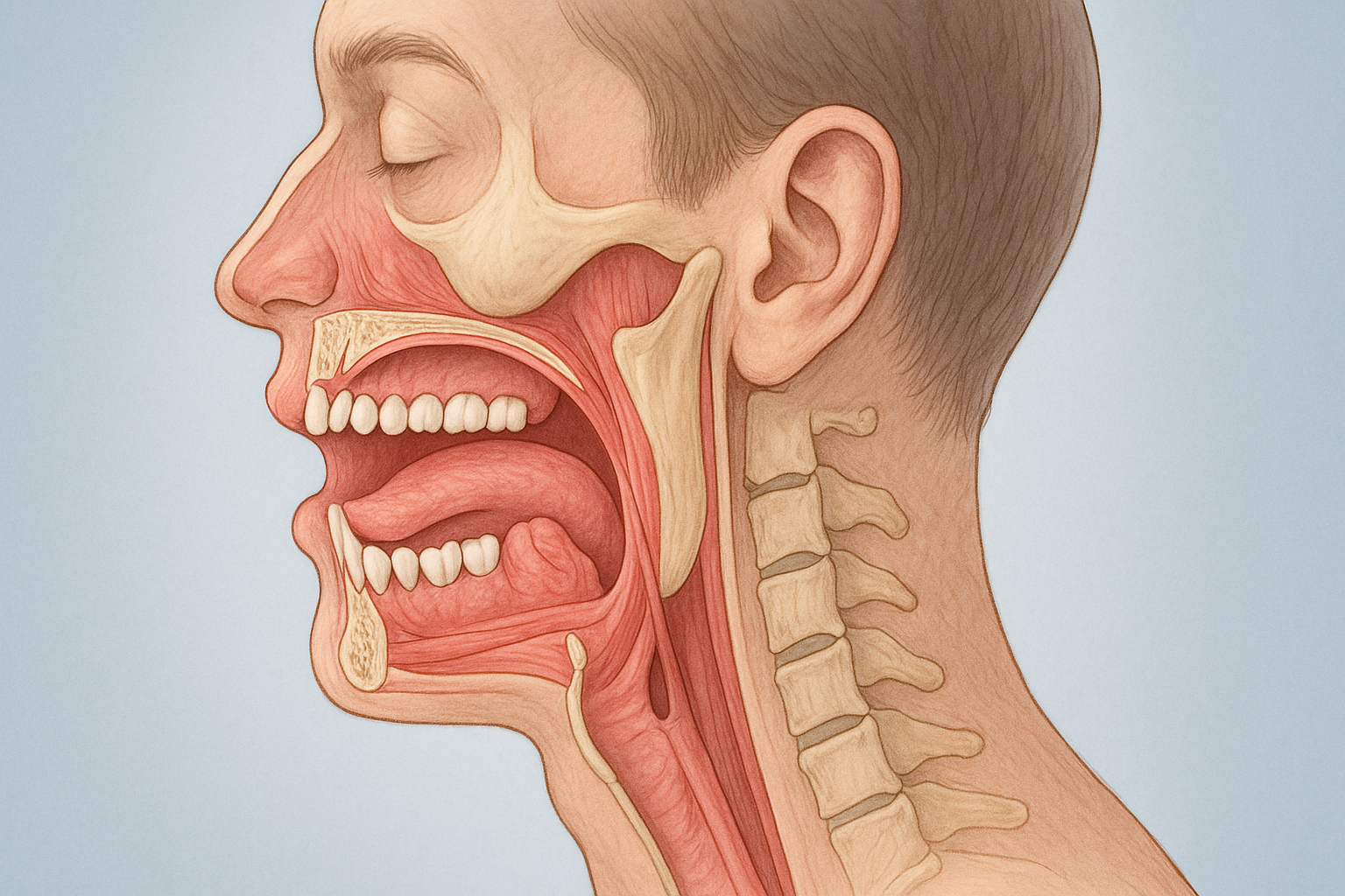 Tverrsnitt av hode og svelg som viser sammenhengen mellom munnhule og resten av kroppen.