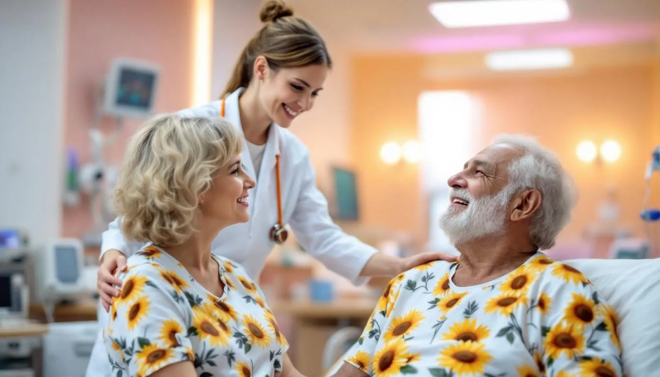 A healthcare worker is providing compassionate support to a patient wearing a sunflower t-shirt, symbolizing the hidden disabilities sunflower program, in a bright and welcoming hospital environment. The scene emphasizes the importance of recognizing hidden disabilities and fostering a supportive atmosphere for individuals with various health conditions.