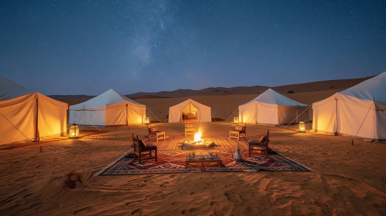 A traditional Berber desert camp featuring white tents is beautifully illuminated under a starry night sky, offering a serene setting for travelers on shared desert tours from Marrakech. This enchanting scene captures the essence of an unforgettable journey in the Sahara Desert, where visitors can relax and enjoy the beauty of the night.