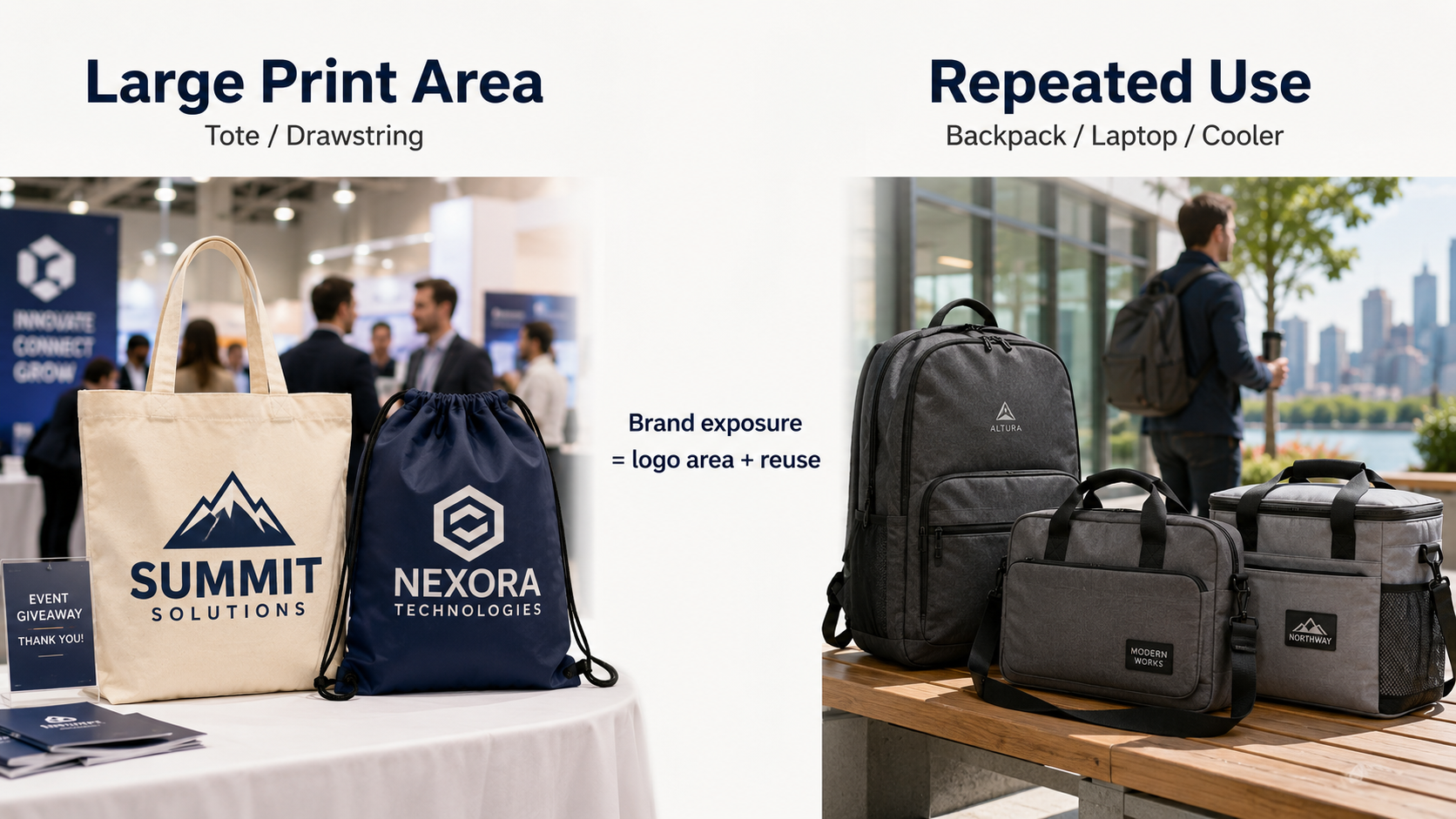 Custom bags comparing large logo print areas with reusable bags for long-term brand exposure
