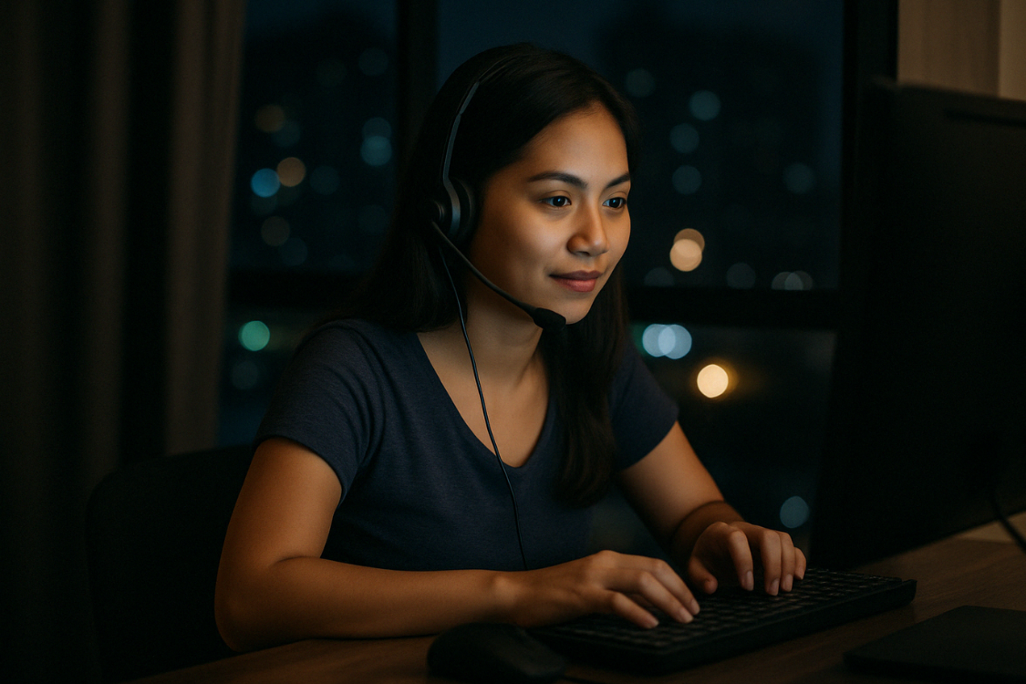 Filipina virtual assistant working night shift wearing headset and typing