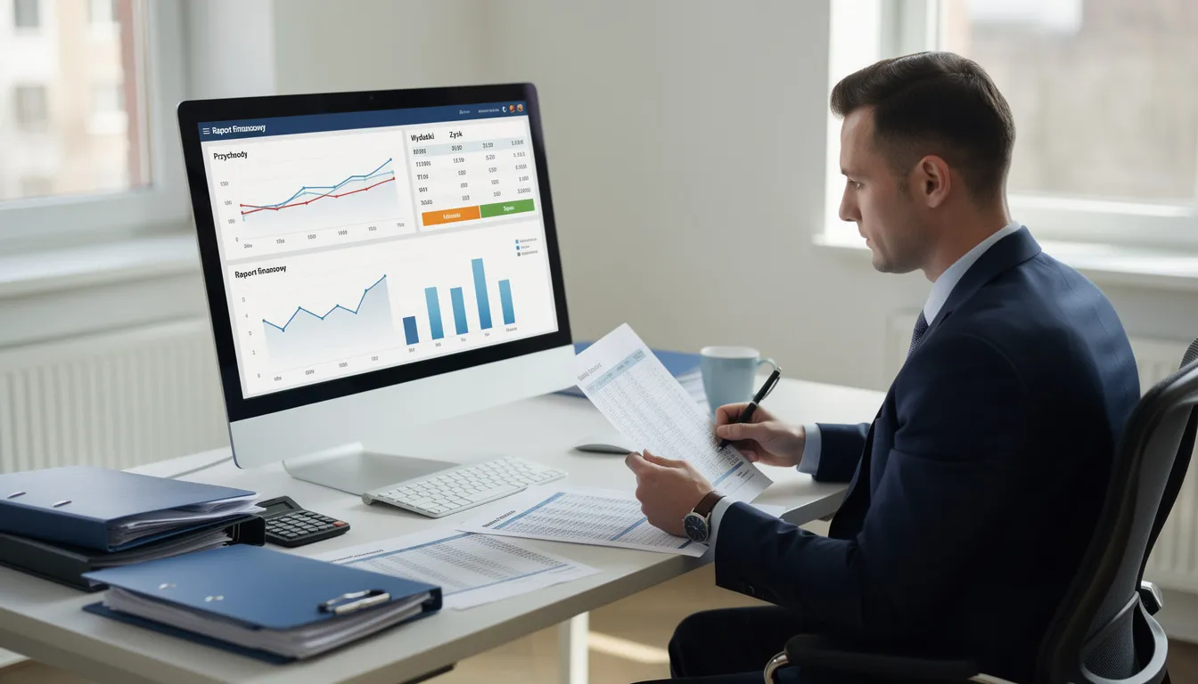 Na obrazku widać przedsiębiorcę siedzącego przy biurku, analizującego dokumenty finansowe z monitorem komputera w tle. Skupia się na kwestiach związanych z płynnością finansową oraz terminowym regulowaniem należności, co jest kluczowe dla utrzymania stabilnej sytuacji jego firmy.