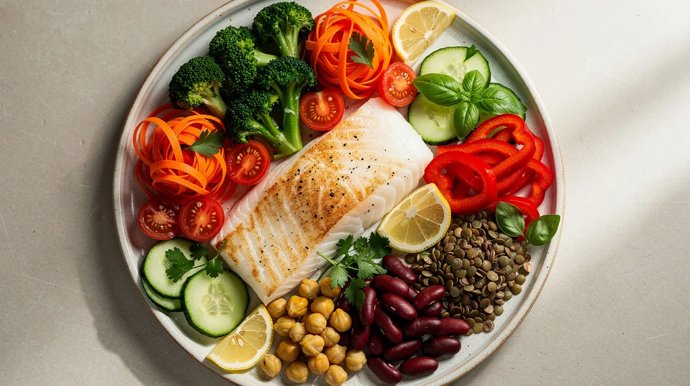 Une assiette colorée présente une variété de légumes frais, de légumineuses et un morceau de poisson, offrant une option saine et équilibrée. Cette composition alimentaire peut contribuer à une meilleure santé de la peau et à la gestion de l'acné hormonale, particulièrement chez les femmes.