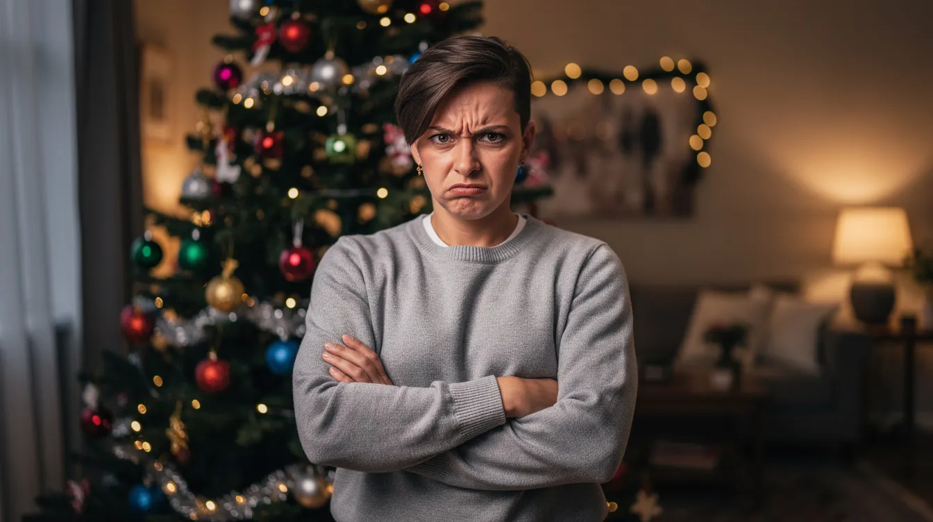 Eine Person mit verschränkten Armen und einem mürrischen Gesichtsausdruck steht vor einem festlich geschmückten Weihnachtsbaum, was an den Grinch erinnert, der die Weihnachtszeit nicht mag. Diese Miesepeter-Situation könnte in einem Kinderbuch oder einem Film wie dem von Jim Carrey dargestellt werden.