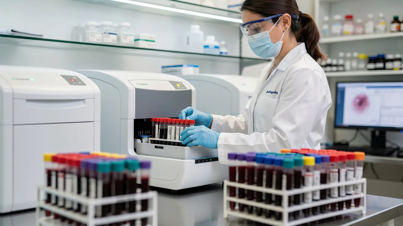 0851b88c 625b 4228 a689 eb52ab39e258 A laboratory technician is seen working with automated blood analysers and sample tubes in a clinical pathology lab, ensuring accurate processing of patient data. The scene highlights essential medical equipment and the critical infrastructure required for diagnostic services.