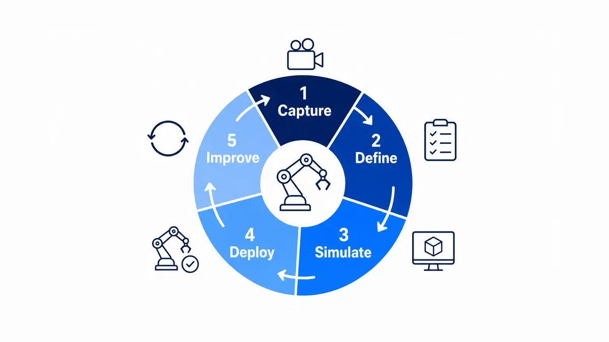 Circular robot integration workflow with five numbered steps and a return arrow