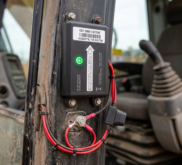 Wired GPS tracking device installed inside construction equipment cab for real-time location monitoring