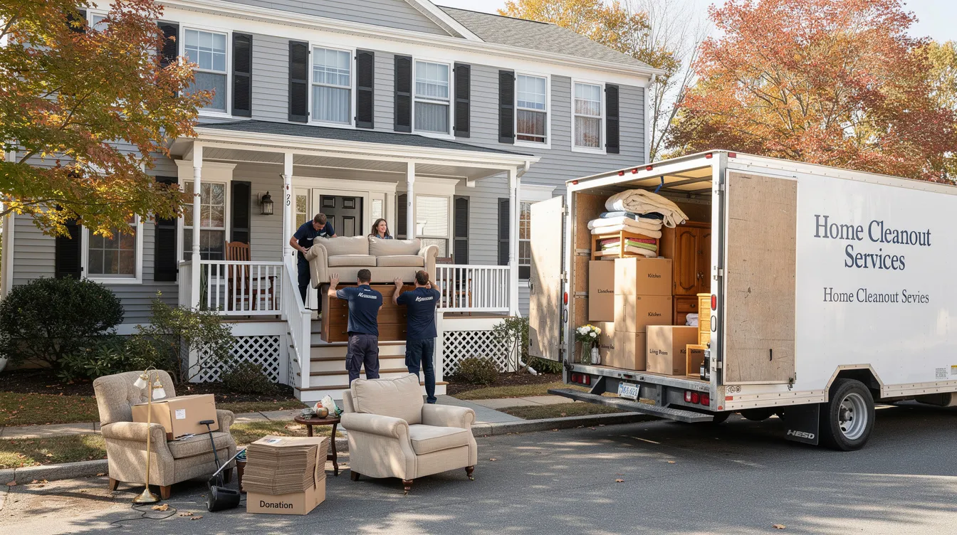 A professional crew is seen carefully carrying old furniture out of a Connecticut home during a cleanout, demonstrating their efficient junk removal services. This hardworking team is focused on responsible disposal and ensuring that unwanted items are either recycled or donated to local charities.