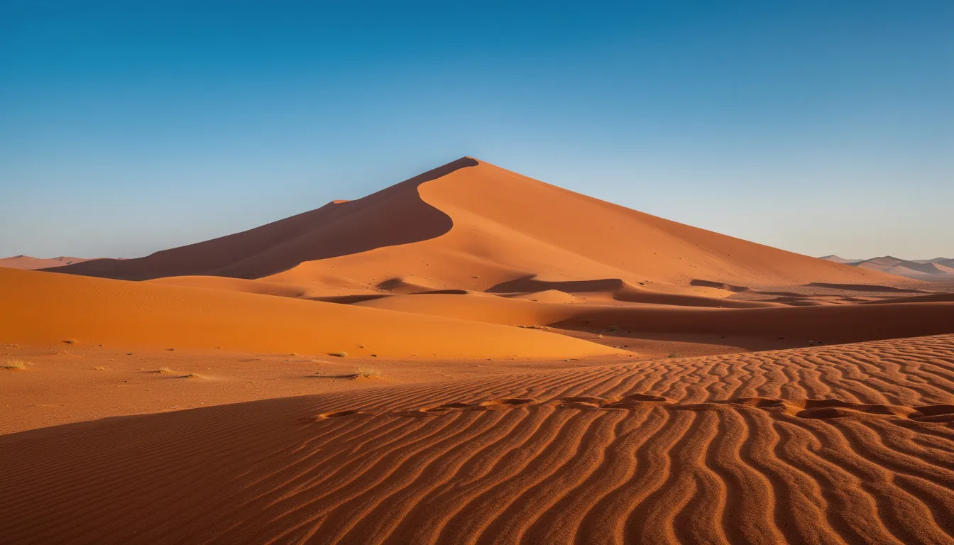 A stunning view of towering orange sand dunes with rippled patterns stretches beneath a clear blue sky, capturing the vast beauty of the Sahara Desert. This incredible scenery is perfect for those planning a camel ride or camel trek in Morocco, offering a breathtaking experience amidst the dunes.
