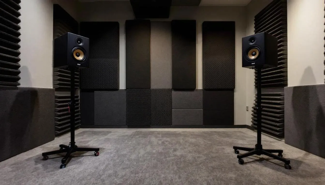 L'immagine mostra monitor da studio professionali posizionati in una stanza trattata acusticamente, dotati di trappole per bassi e pannelli di assorbimento per migliorare la qualità del suono. Questa configurazione è ideale per il missaggio musicale, consentendo agli ingegneri di concentrarsi su tracce individuali e ottenere un buon mix controllando il rumore indesiderato e bilanciando suoni diversi.