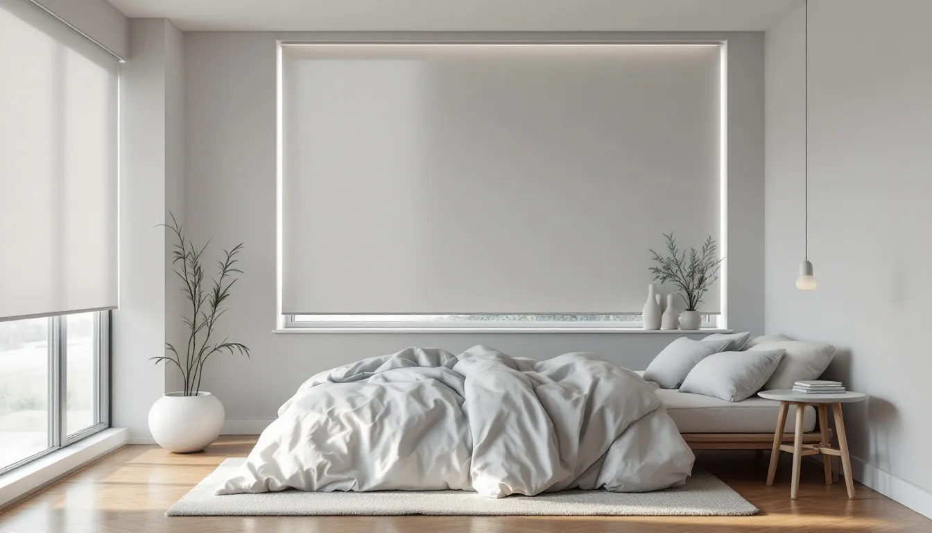 A peaceful bedroom scene featuring blackout shades that block out street lights.