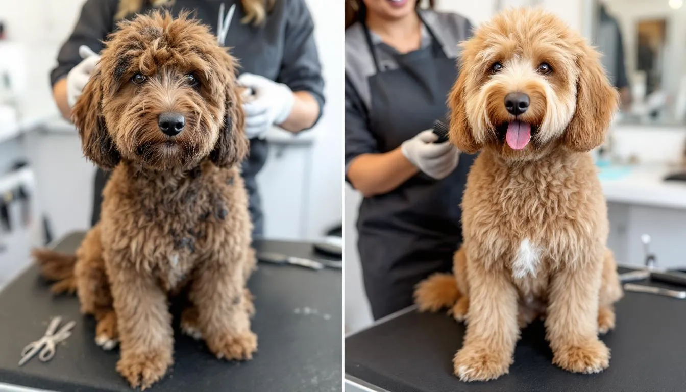 A mini goldendoodle is being groomed, showcasing its fluffy coat before and after care, highlighting the transformation from a slightly unkempt look to a neatly trimmed appearance. This image emphasizes the grooming needs of the mini goldendoodle, a hybrid breed known for its charming personality and low shedding coat.