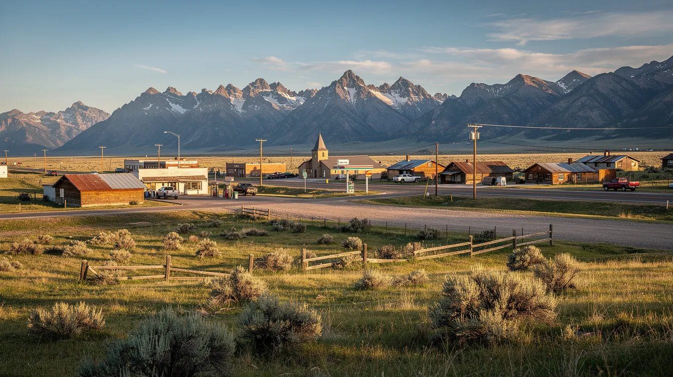 The image depicts a serene rural landscape in Wyoming featuring a small town nestled among rolling hills, with distant mountains visible in the background. This tranquil scene reflects the simplicity of life in Wyoming, where residents may face financial challenges such as managing unsecured debts or navigating the bankruptcy process.