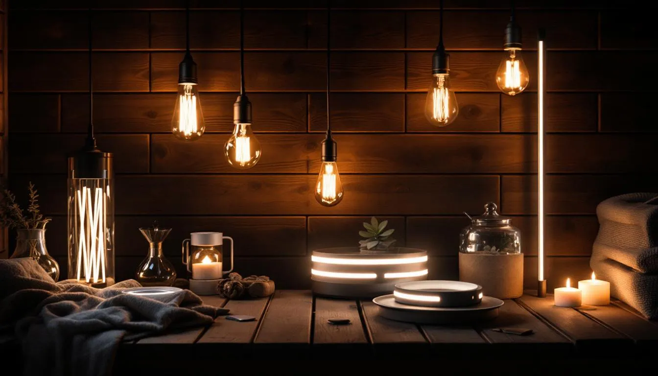 Different types of sauna lights displayed in a sauna setting.