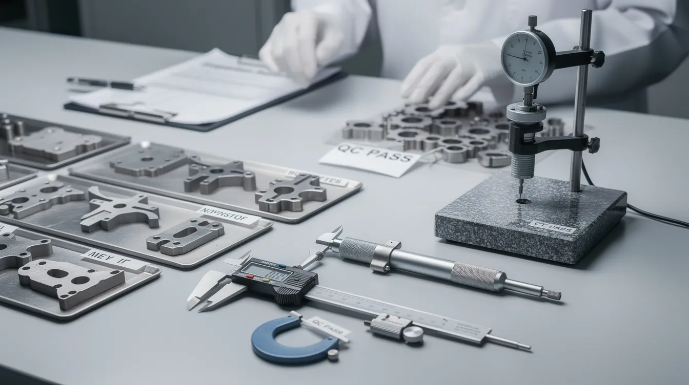 The image depicts a quality inspection station featuring calibrated measuring instruments alongside an array of metal stamped parts neatly arranged on a table. This setup highlights the precision and attention to detail essential in the sheet metal fabrication process, ensuring that all components meet exact specifications for optimal performance.