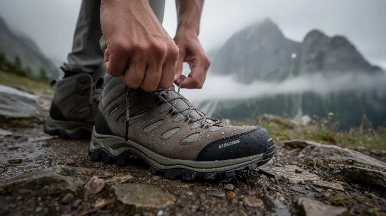 A person is lacing up their waterproof hiking shoes on a rocky trail, with misty mountains in the background. These durable shoes are designed to keep feet dry and provide reliable protection on uneven terrain.
