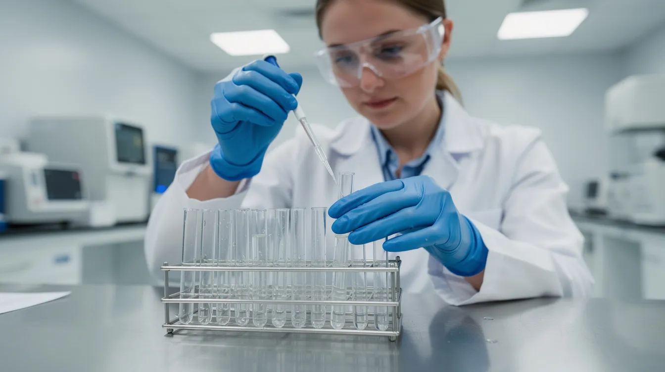A laboratory technician is carefully handling test tubes filled with various liquids in a clinical setting, emphasizing the precision required in scientific work. This image highlights the importance of accurate testing in understanding how long CBD stays in your system and its effects on drug tests.