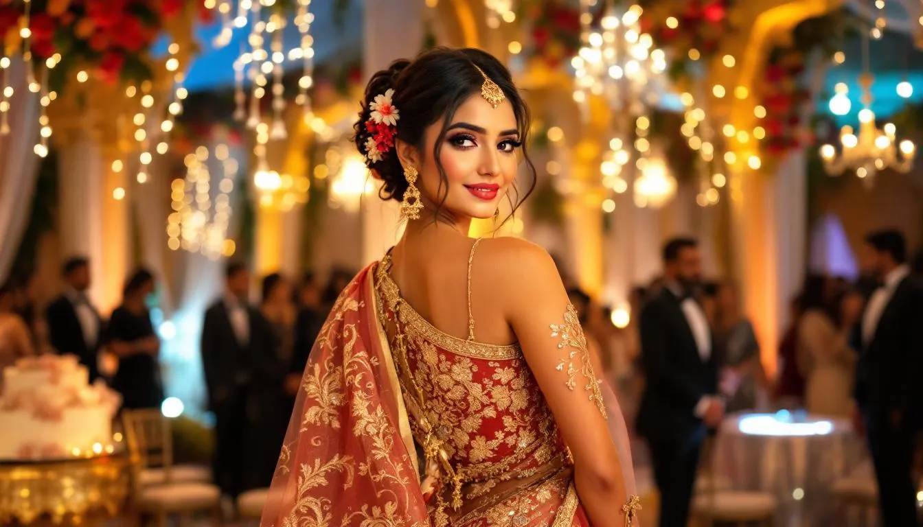 An elegant woman is wearing a colorful lehenga choli adorned with intricate embroidery, radiating beauty at a wedding celebration. Her outfit features bright colors and heavy jewelry, perfectly complementing the festive atmosphere of the occasion.