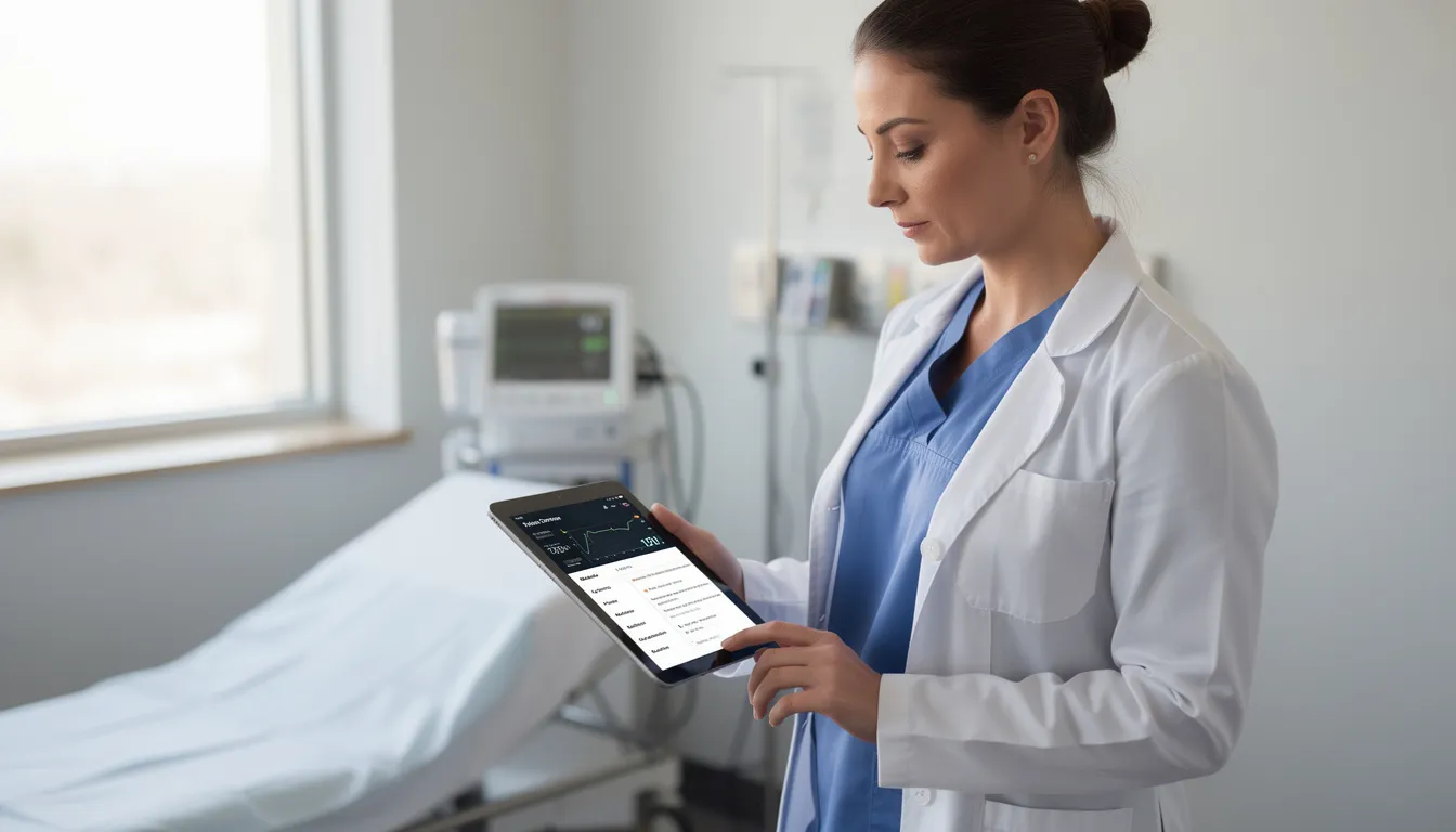 A medical professional is intently reviewing patient information on a tablet, focusing on aspects of sexual health and dysfunction, including topics like hypoactive sexual desire disorder and erectile dysfunction. The scene highlights the importance of healthcare providers in addressing issues related to sexual wellness and optimizing treatments for increased sexual desire and overall satisfaction.