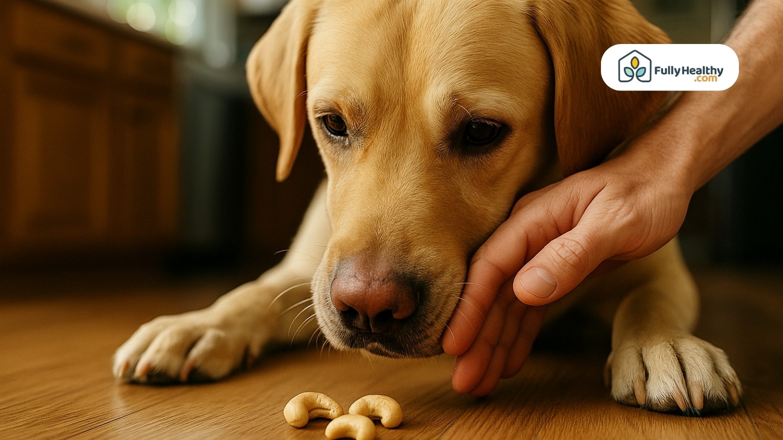 Owner gently stops dog from eating cashews scattered on kitchen floor