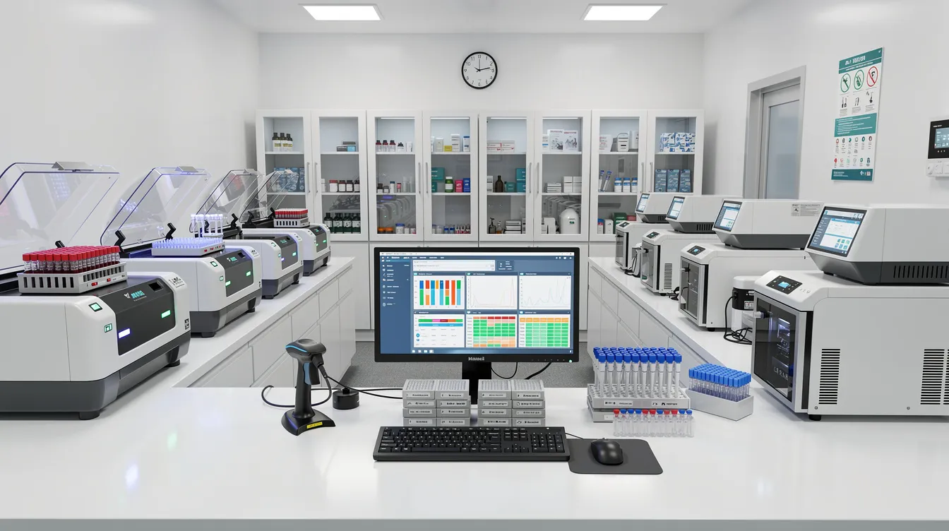 The image depicts the interior of a modern diagnostic laboratory, featuring countertops equipped with various medical instruments and sample processing equipment essential for conducting diagnostic procedures. This well-organized space reflects the sophistication level of contemporary diagnostic services, catering to healthcare professionals and patients alike.